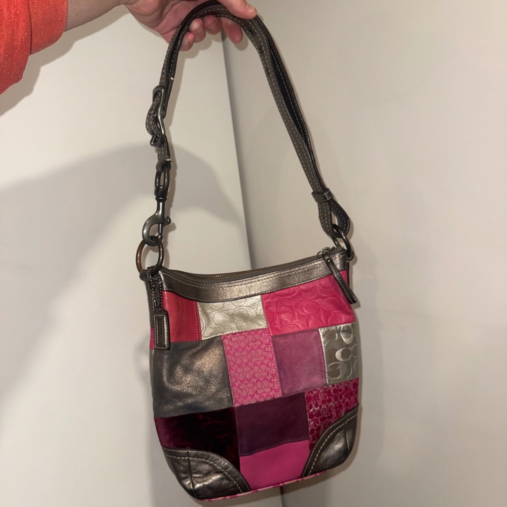 Coach F12863 Holiday Patchwork Medium Duffle Pink Metallic Suede Y2K 2008